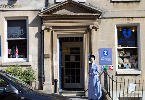 Exterior shot of the front door of the Jane Austen Centre in Bath, England